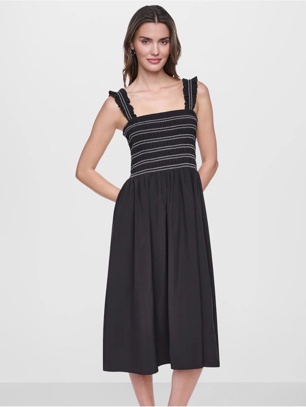 Liverpool Black Strapless Smocked Dress with White Stitching